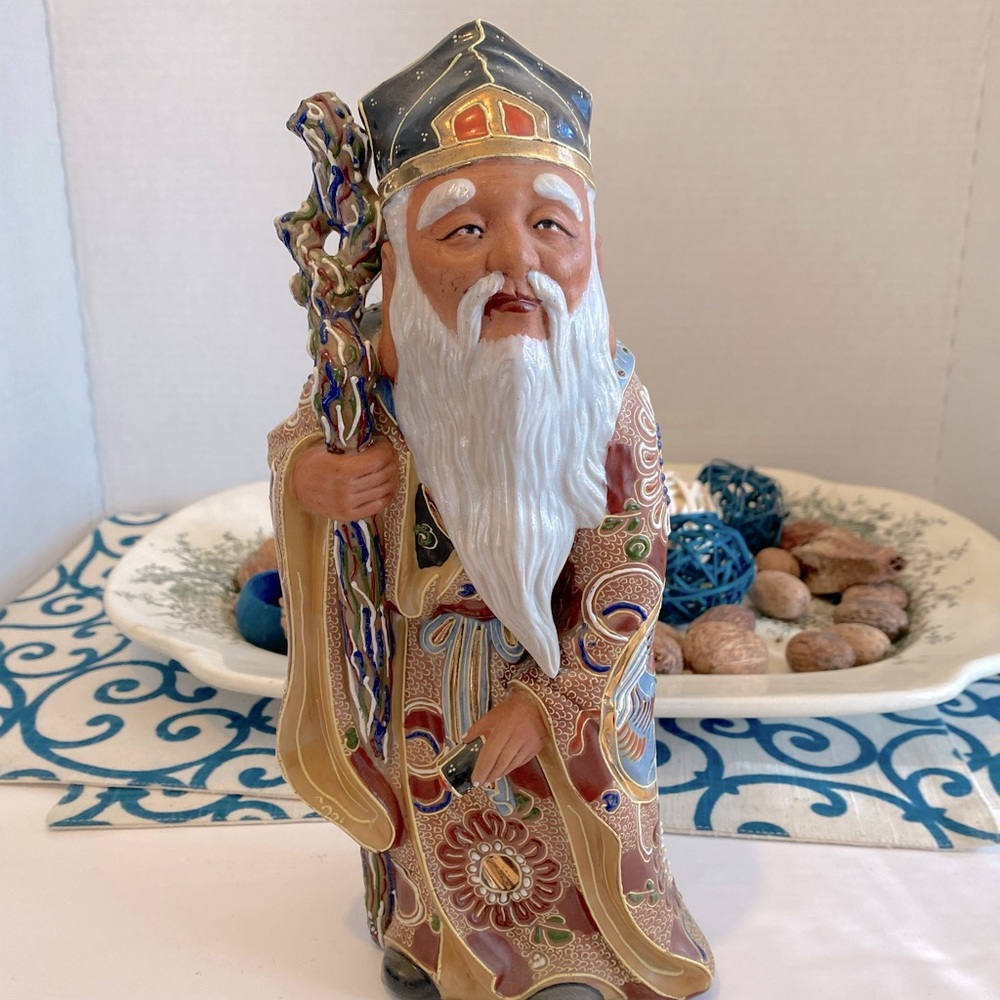 Antique Japanese Porcelain Kutani Satsuma Okimono Jurojin God Statue Figurine